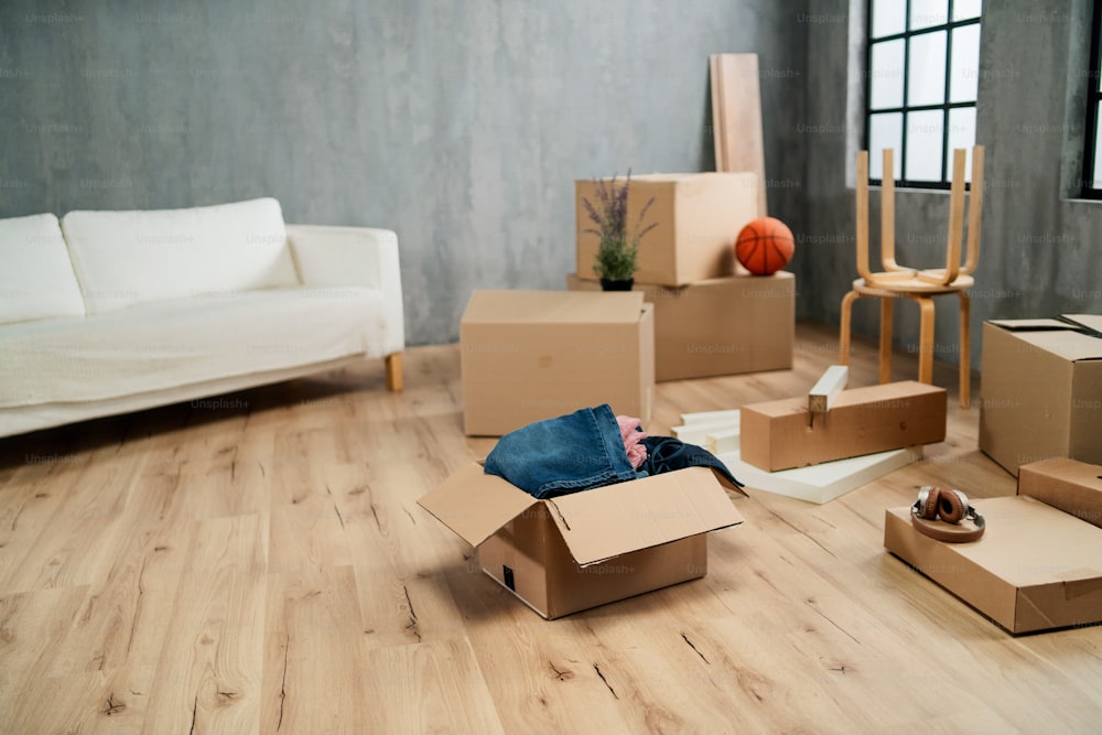 An empty living room with cardbord boxes already packed, moving home concept.