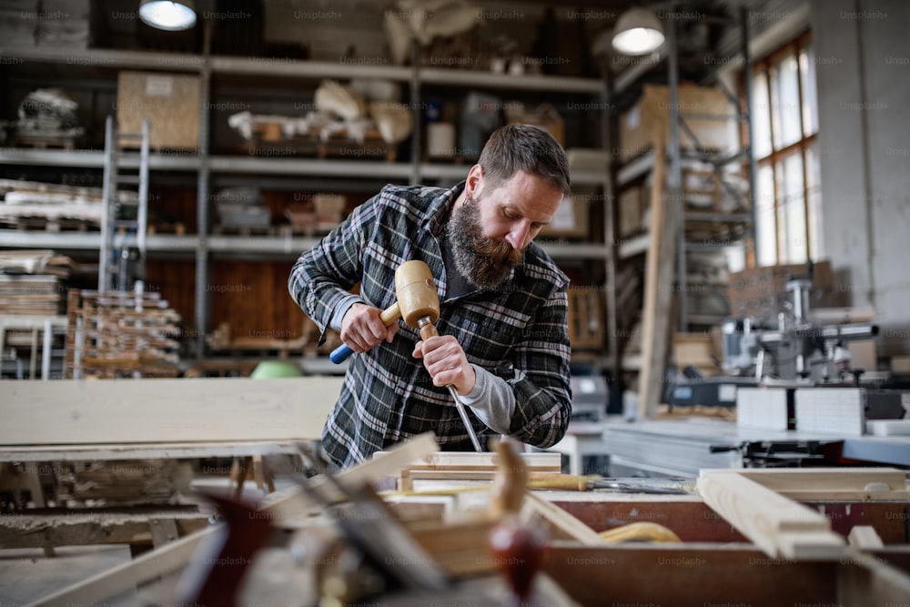 A portrait of mature male carpenter working on his product. Small business concept.