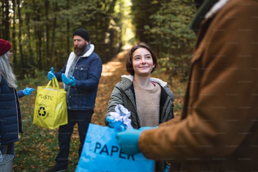 A diverse group of volunteers cleaning up forest from waste, community service concept