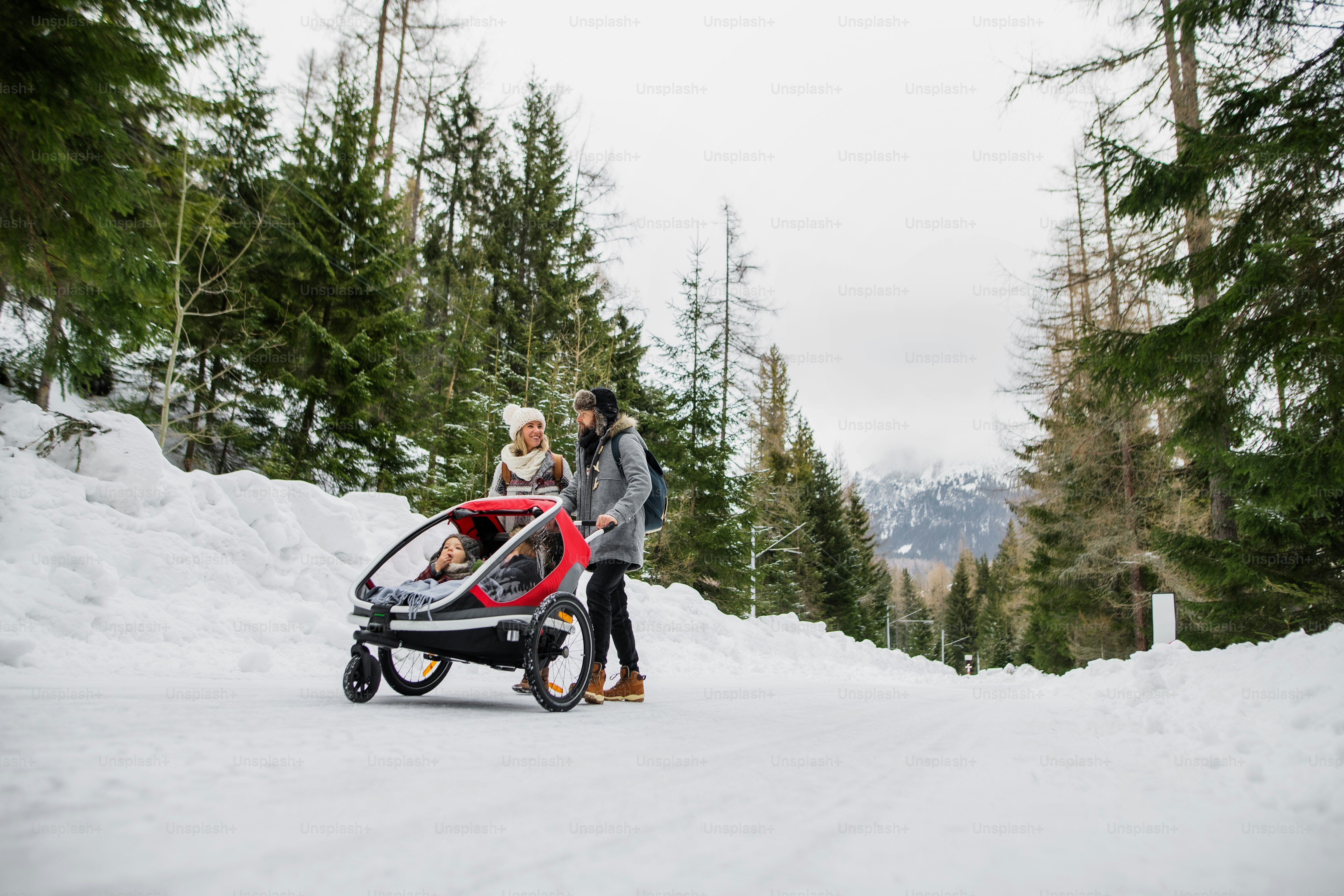 Padre e madre con due bambini piccoli seduti in roulotte, camminando nella neve nella natura invernale.
