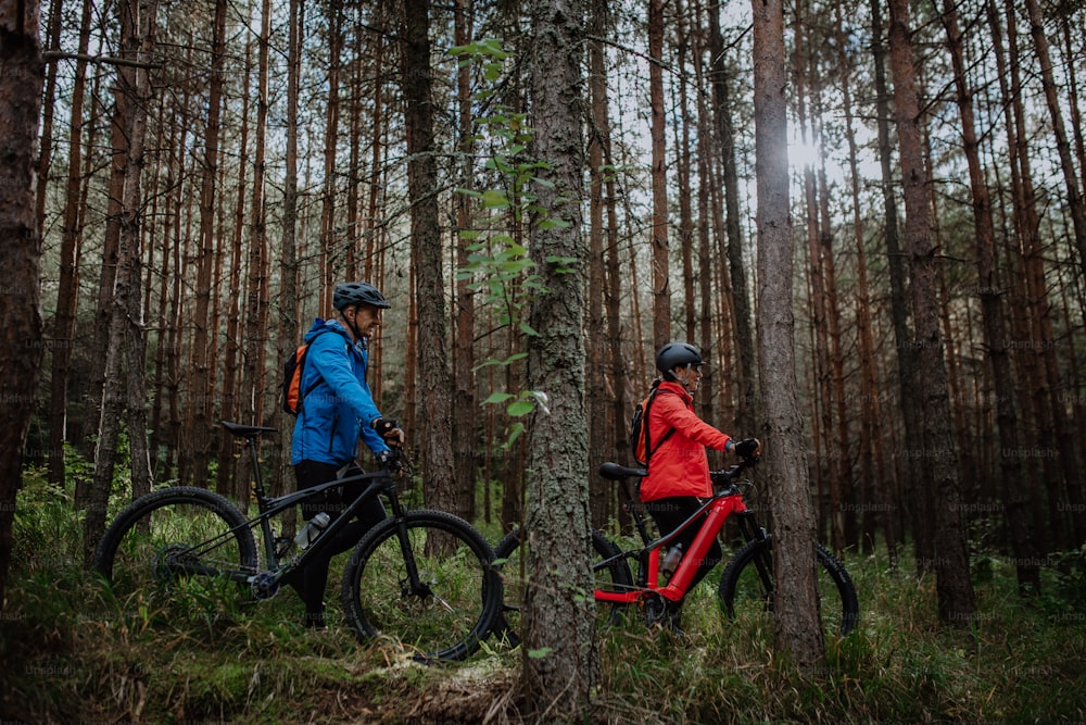 Una vista lateral de una pareja de ciclistas mayores caminando y empujando bicicletas eléctricas al aire libre en el bosque en un día de otoño.