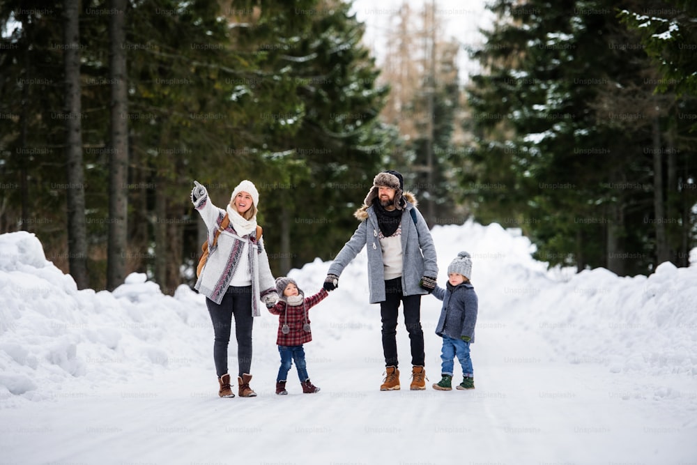 Retrato da vista frontal do pai e da mãe com dois filhos pequenos na natureza do inverno, andando na neve.