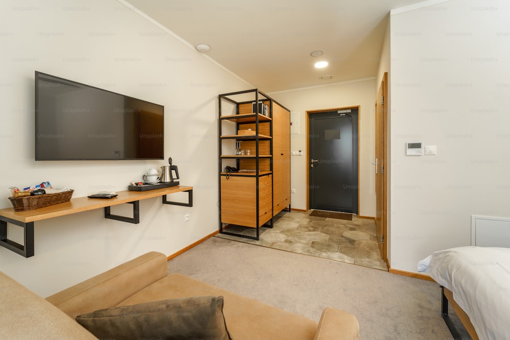 An interior of modern bedroom suite in luxury hotel