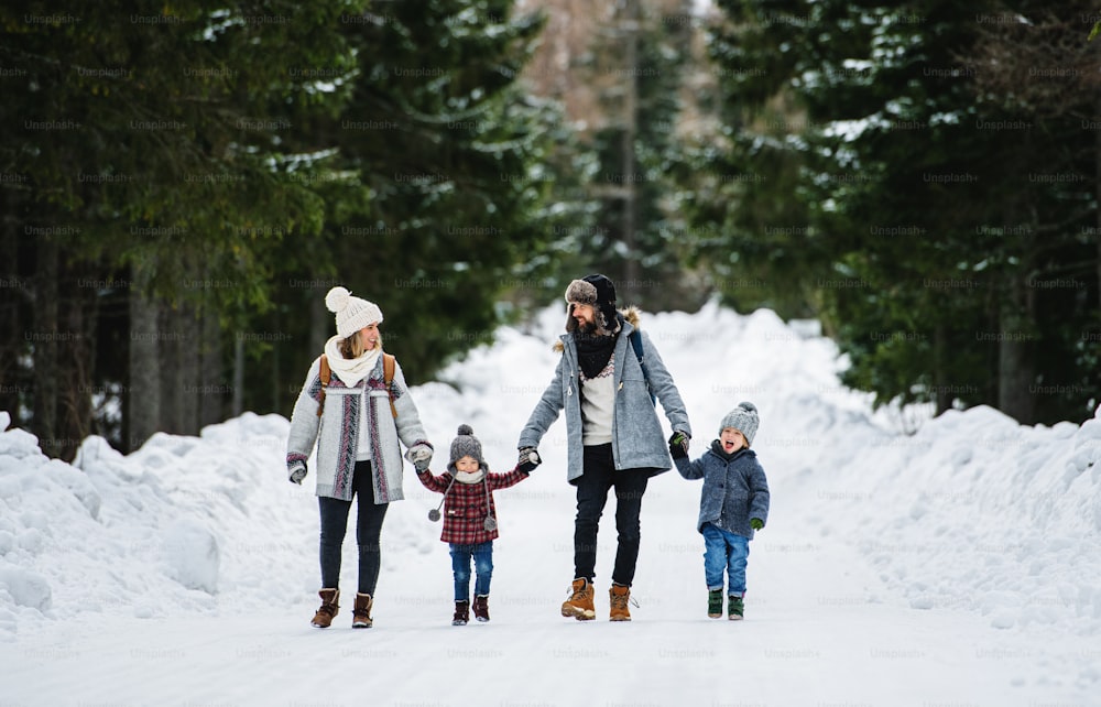 Ritratto di vista frontale del padre e della madre con due bambini piccoli nella natura invernale, camminando nella neve.