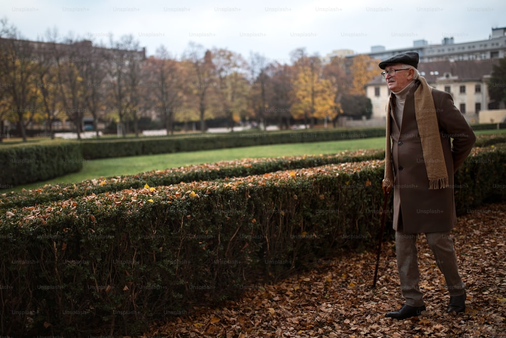 Ein alter eleganter Mann mit Gehstock auf Spaziergang im Park am Herbsttag