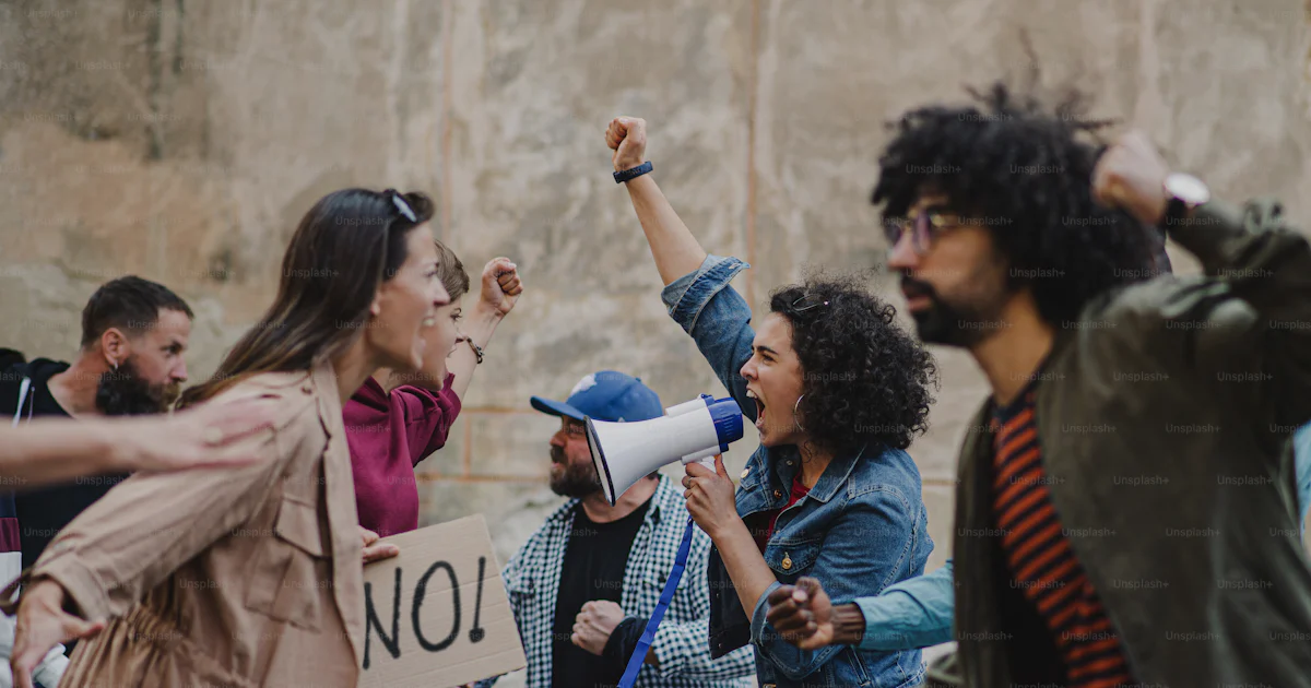 Protesting Fight Group of shouting people activists protesting on streets, strike ...
