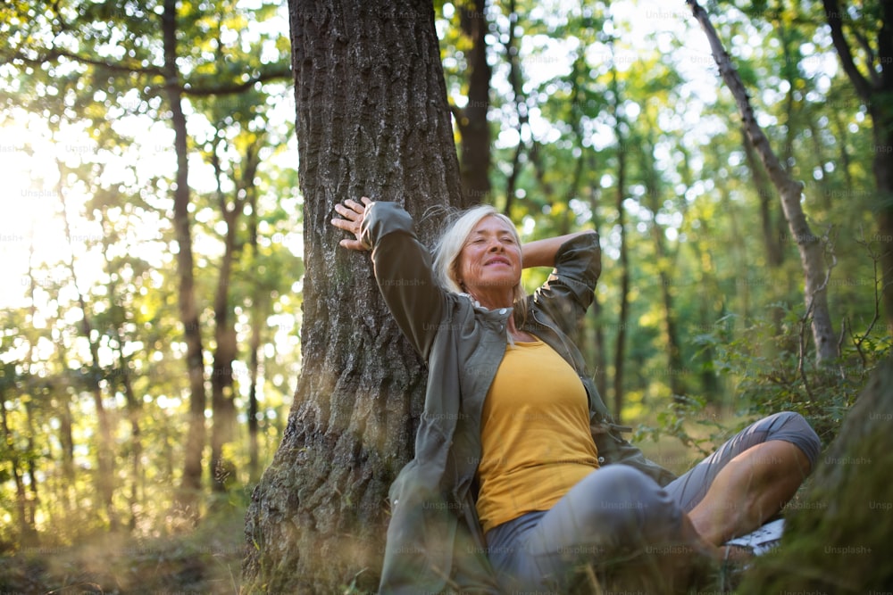 Ein Porträt einer älteren Frau, die sich entspannt und mit geschlossenen Augen draußen im Wald sitzt.