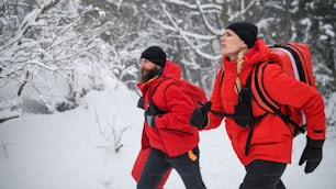 Paramedics from a mountain rescue service running outdoors in winter in forest.