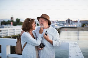 A happy senior couple hugging outdoors on pier by sea, looking at each other.