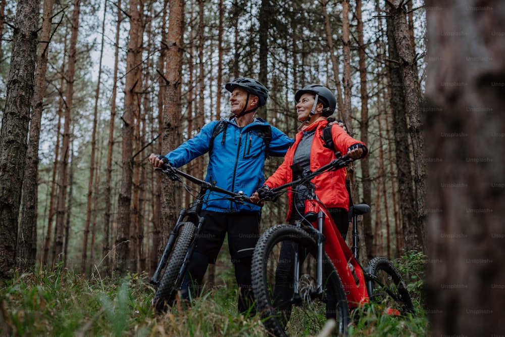 A senior couple bikers with e-bikes admiring nature outdoors in forest in autumn day.