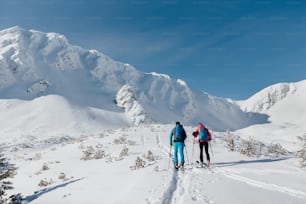 A rear view of ski touring couple hiking up a in the Low Tatras in Slovakia.