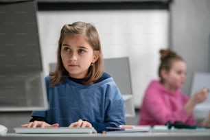 Bambini della scuola che usano il computer in un'aula a scuola