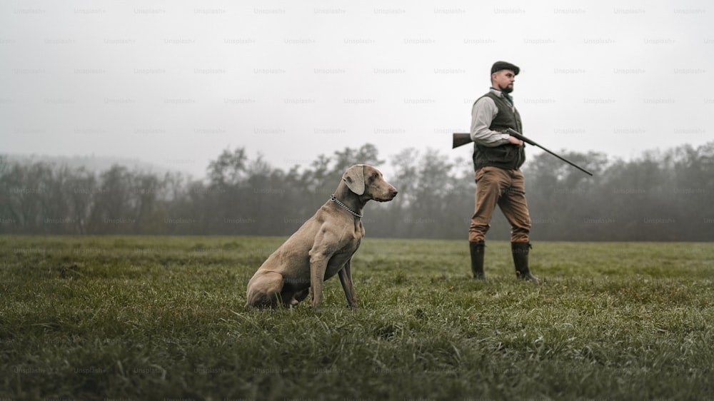 A hunter man with dog in traditional shooting clothes on field holding shotgun.