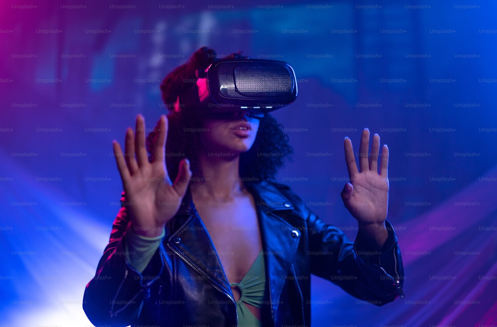 Metaverse digital cyber world technology, girl with virtual reality VR goggles playing augmented reality game, futuristic lifestyle