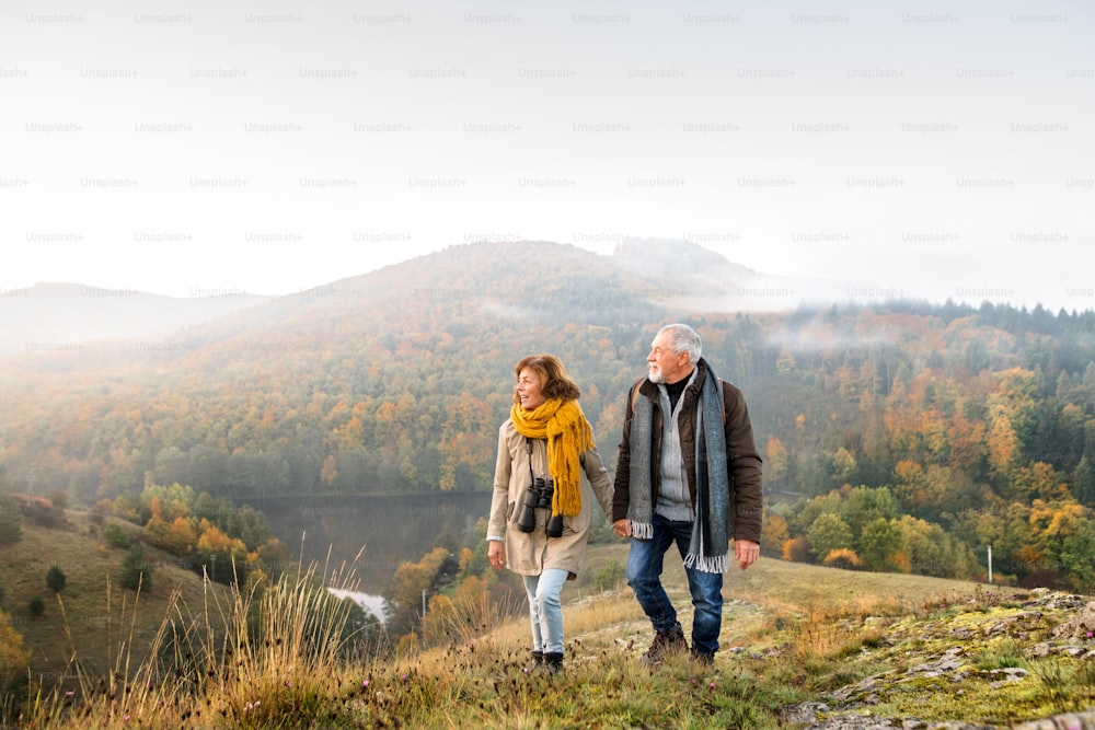 Casal idoso ativo em uma caminhada em uma bela natureza de outono.