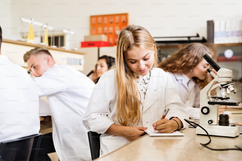 Group of high school student with microscopes in laboratory during biology class.