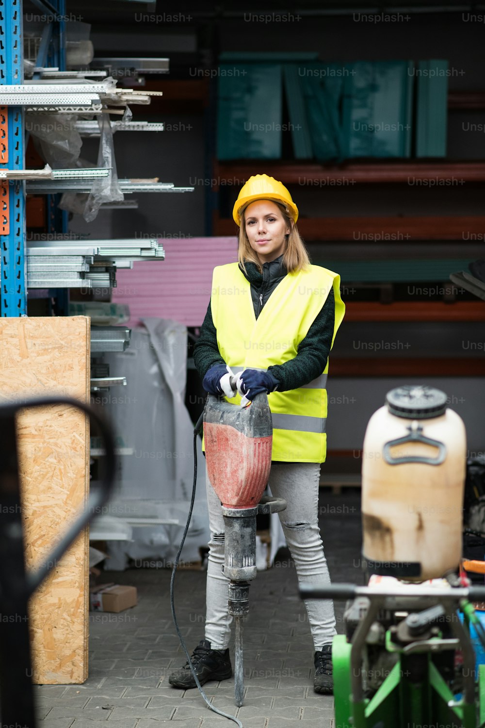 Junge Arbeiterin mit Presslufthammer in einem Industriegebiet.