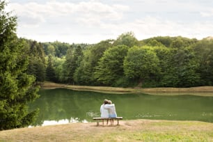 Beautiful senior couple on a walk at the lake sitting on wooden bench hugging. Rear view.