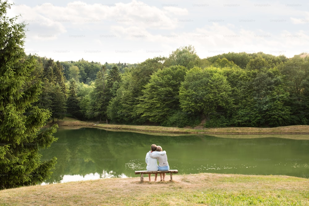 湖畔を散歩する美しい年配のカップルが木製のベンチに座って抱き合っています。背面図。