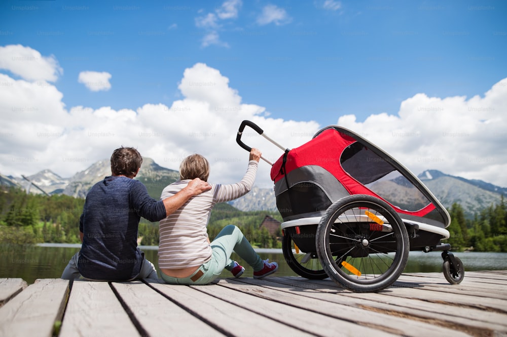 Senior couple and children in jogging stroller, summer day. High mountains in the background. Rear view.