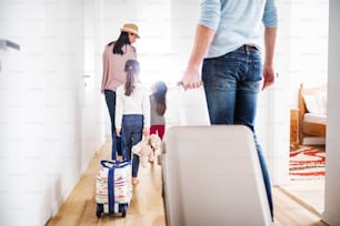 Young family with two children going on a holiday. Rear view.