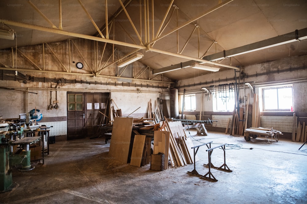 An interior of a big carpentry workshop.