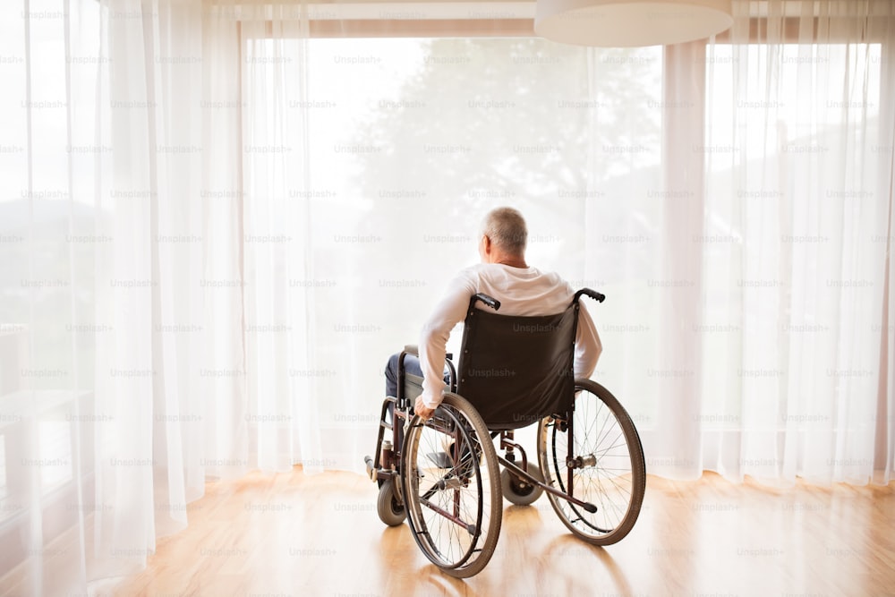 Senior man sitting on a wheelchair at home. Rear view.