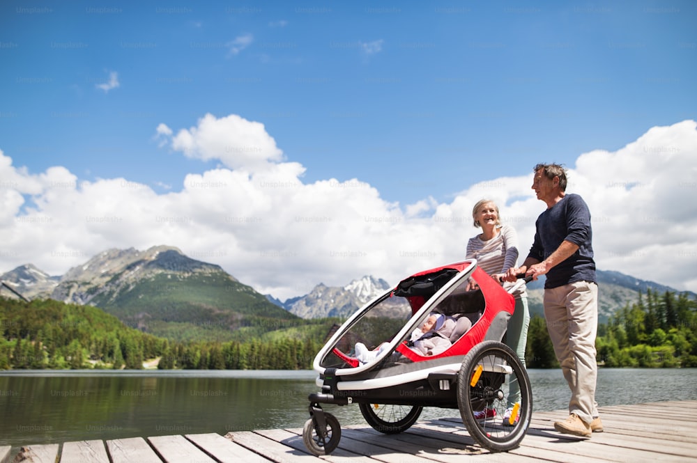 Seniorenpaar und Enkelkinder im Jogging-Kinderwagen, Sommertag. Hohe Berge im Hintergrund.