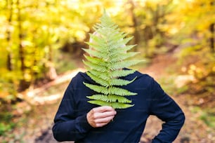 Active senior man on a walk in a beautiful autumn nature, covering his face with fern.