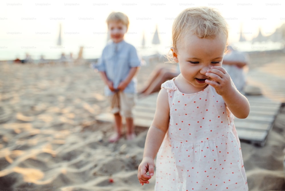 Une jeune famille avec des enfants en bas âge s’amusant sur la plage pendant les vacances d’été.