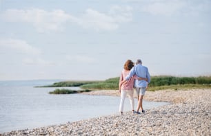 Rear view of senior couple on a holiday on a walk by the lake, walking arm in arm.