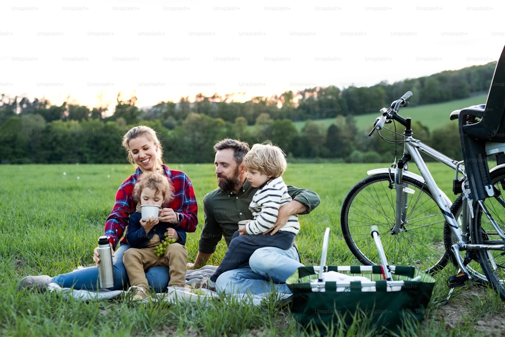 Front view of family with two small children on cycling trip, sitting on grass and resting.