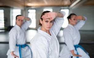 A group of young women practising karate indoors in gym.