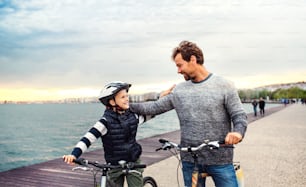 Père et petit fils avec des vélos à l’extérieur debout sur la plage, en train de parler.