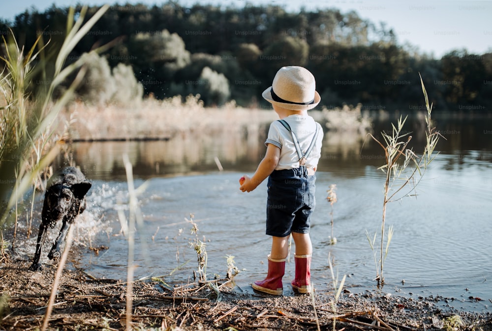 Una vista trasera de un niño pequeño con un sombrero y un perro parado junto a un lago. Espacio de copia.