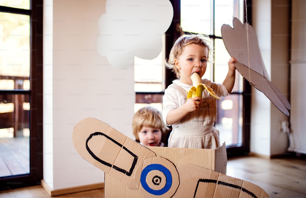 Two happy toddler children with carton plane playing indoors at home, flying concept.