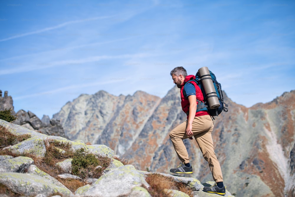 Hombre maduro con mochila caminando en montañas en verano. Espacio de copia.