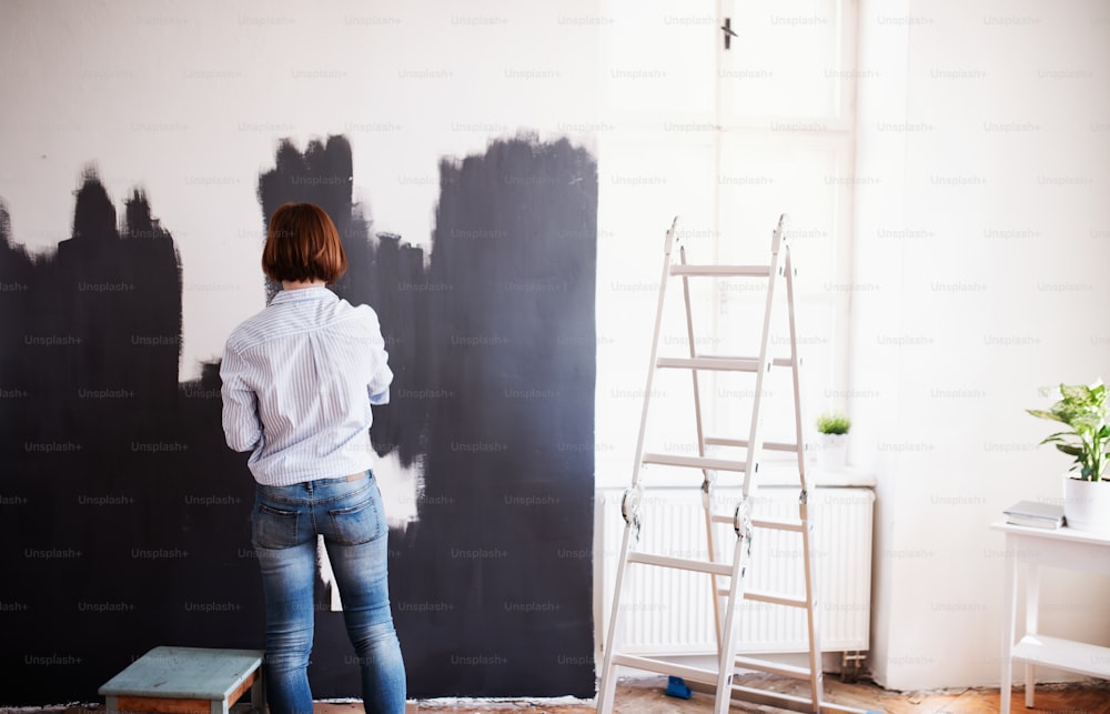Una vista posteriore di una giovane donna creativa che dipinge il muro di nero. Una startup di piccole imprese.