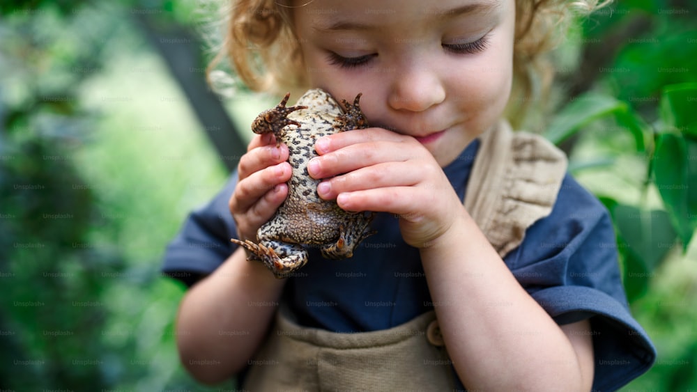 Portrait en gros plan d’une petite fille heureuse tenant une grenouille à l’extérieur en été.