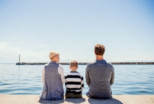 A rear view of young family with son sitting on concrete pier outdoors by the sea.