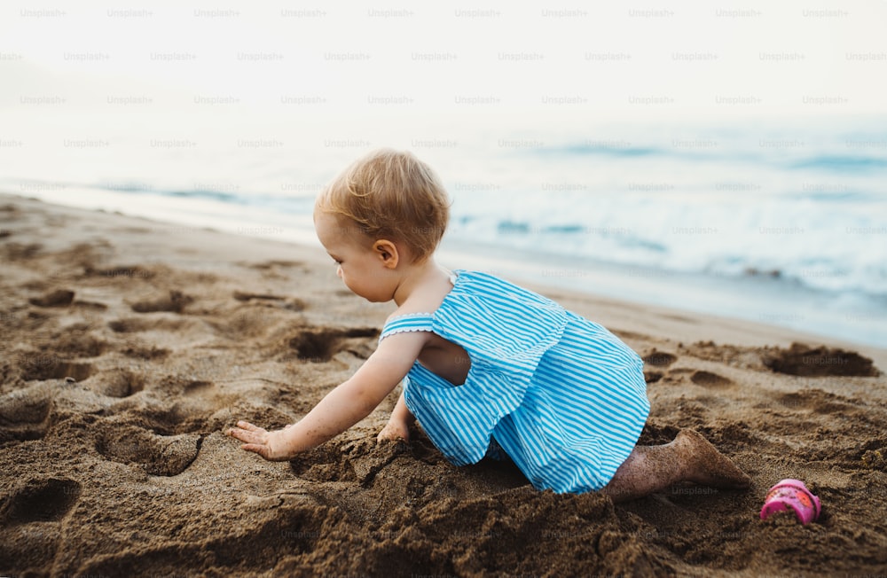 A close-up of small toddler girl crawling on beach on summer holiday, playing. Copy space.