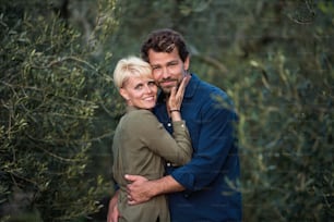 A young affectionate couple standing outdoors in olive orchard, hugging.