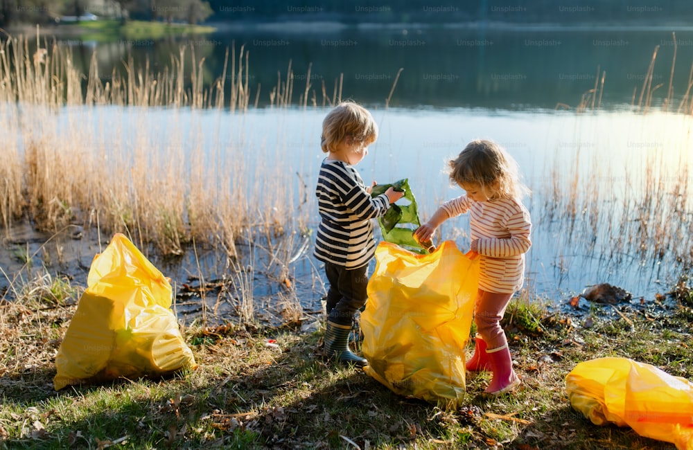 Niños pequeños recogiendo basura al aire libre junto al lago en la naturaleza, concepto de plogging.