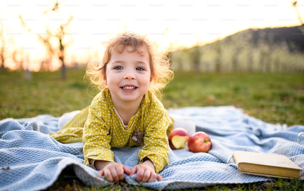 Portrait of small toddler girl sitting outdoors on blanket in spring, looking at camera.