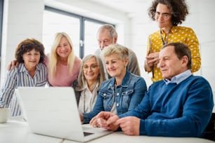 Group of cheerful senior people attending computer and technology education class.