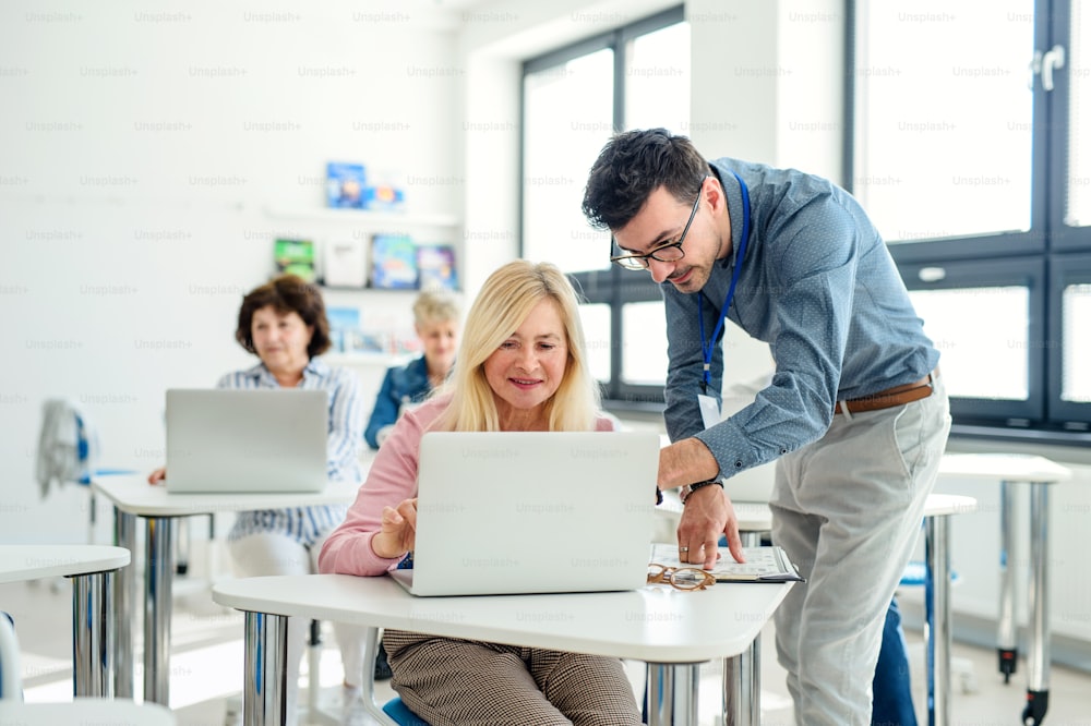 Group of cheerful senior people attending computer and technology education class.