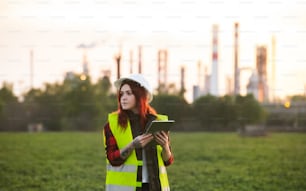 Young woman engineer with hard hat and tablet standing outdoors by oil refinery. Copy space.