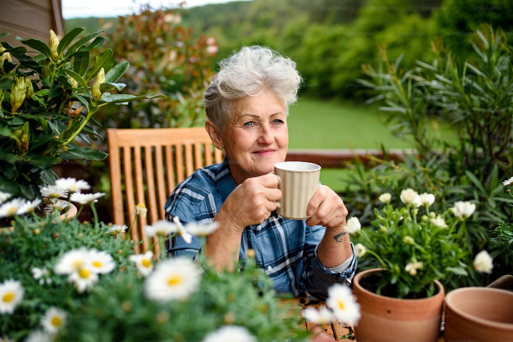 Portrait of senior woman gardening on balcony in summer, drinking coffee.