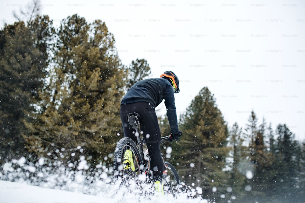 A rear view of mountain biker riding in snow outdoors in winter nature.
