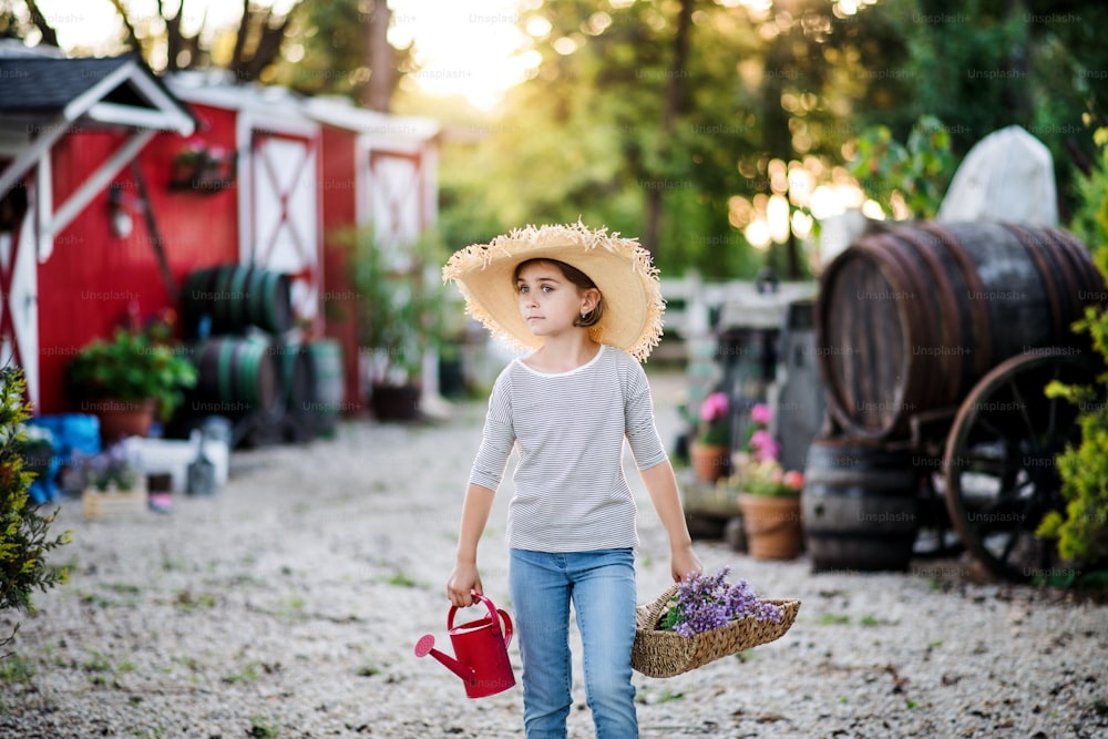 Eine Vorderansicht eines kleinen Mädchens mit Hut, das draußen auf dem Familienbauernhof spazieren geht und Pflanzen hält.